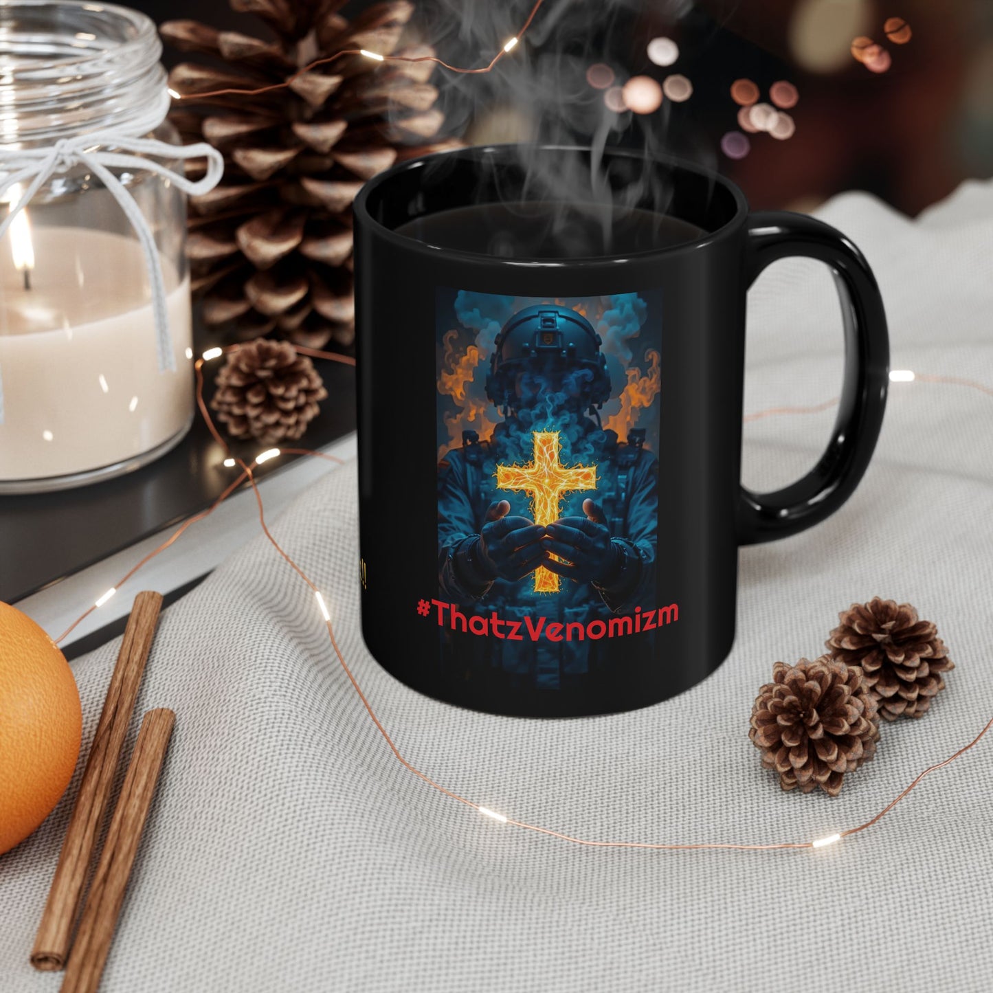 ThatzVenomizm Black Ceramic Mug (11oz/15oz) — Dark Religious Cross Design for Gothic Coffee Lovers