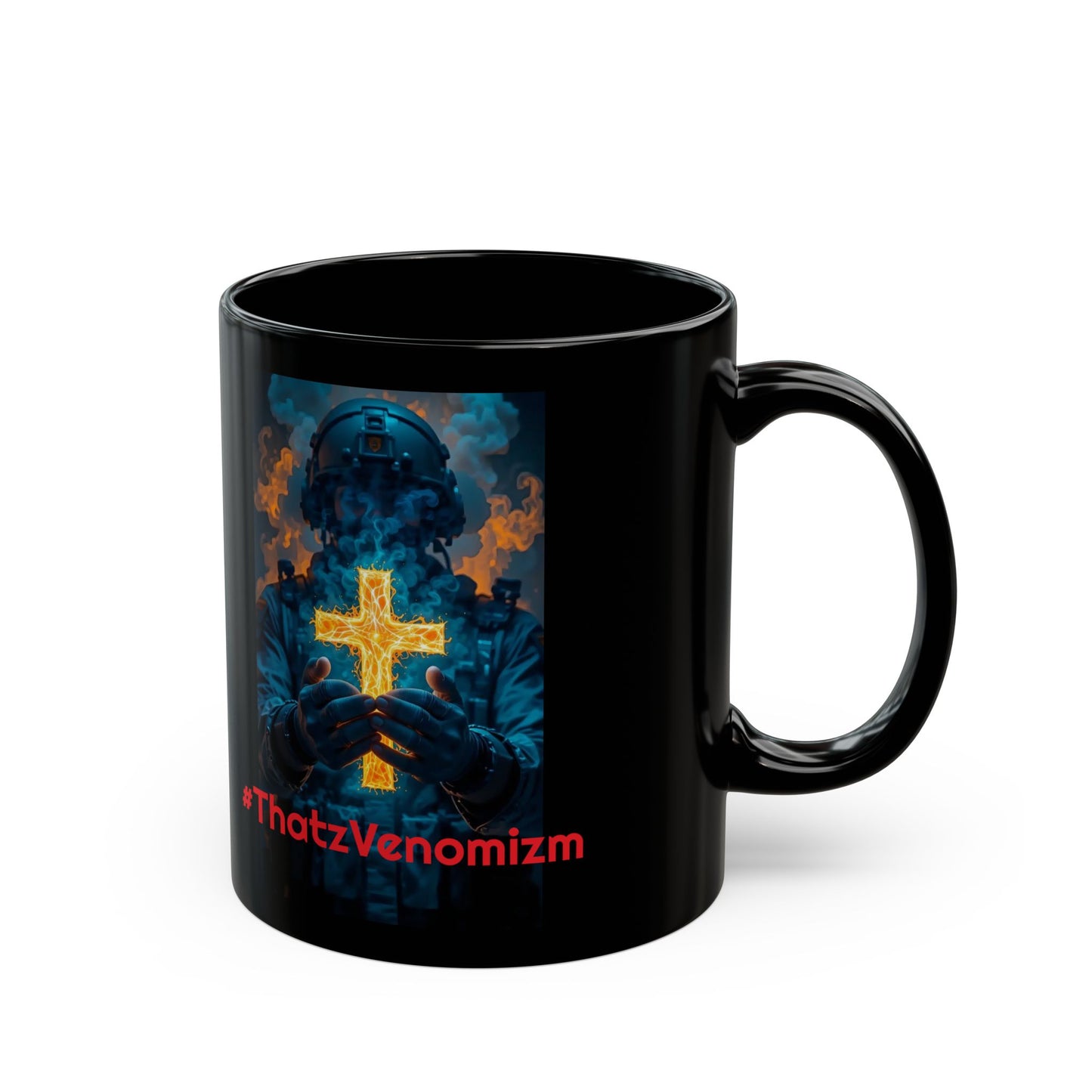 ThatzVenomizm Black Ceramic Mug (11oz/15oz) — Dark Religious Cross Design for Gothic Coffee Lovers