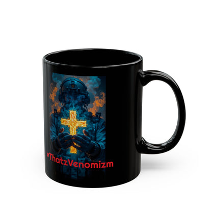 ThatzVenomizm Black Ceramic Mug (11oz/15oz) — Dark Religious Cross Design for Gothic Coffee Lovers