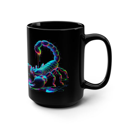 Neon Scorpion Black Mug — 15oz Glitch Art Coffee Cup