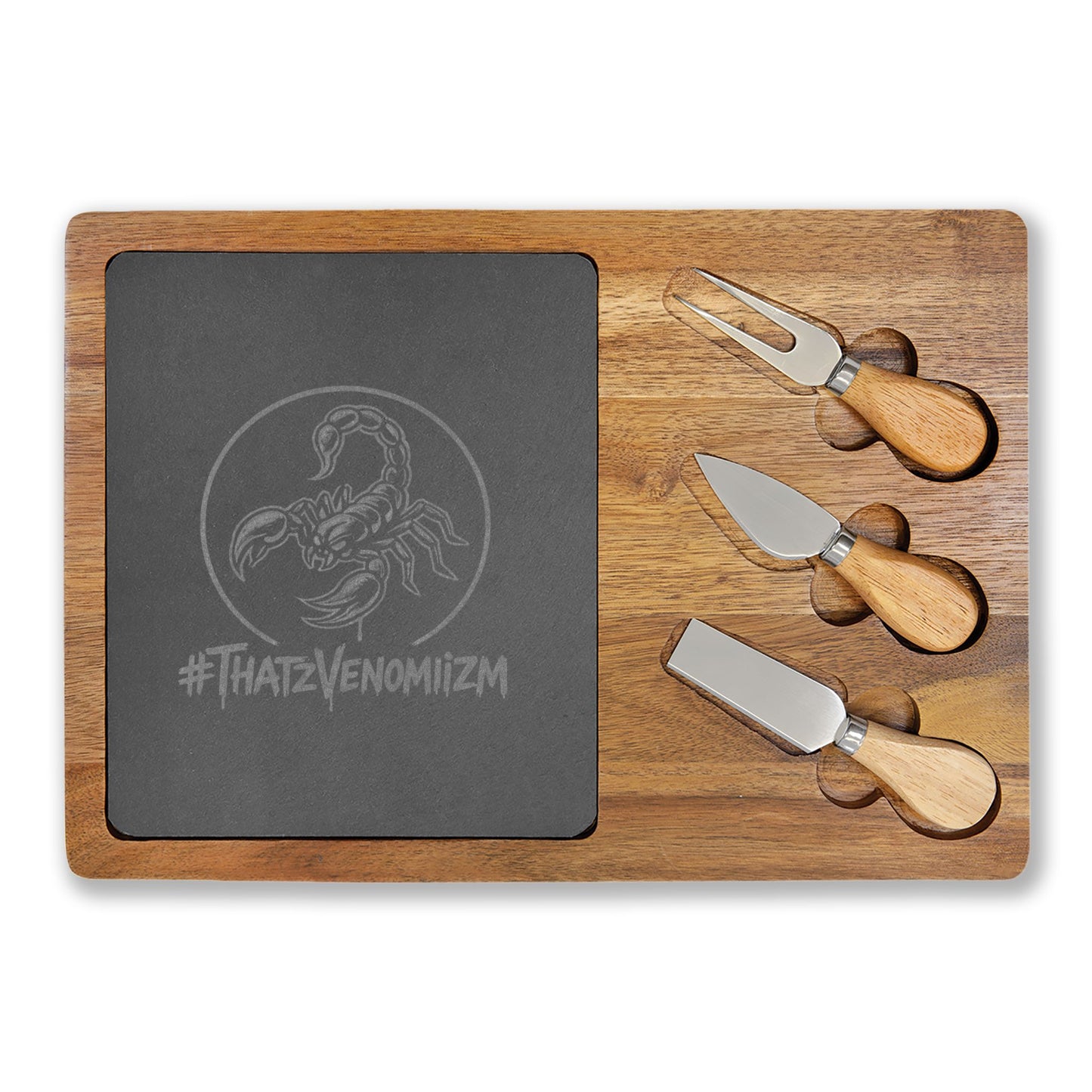 Engraved Acacia Charcuterie Board with Slate Insert & Cheese Tools — Scorpion #ThatZVenomizm