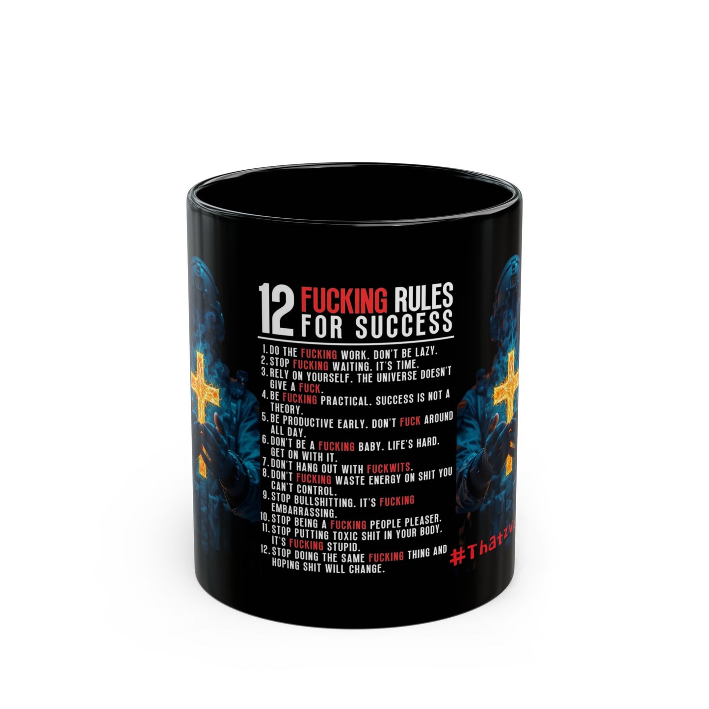 Motivational Black  Mug — "12 Fucking Rules for Success" Inspirational Design